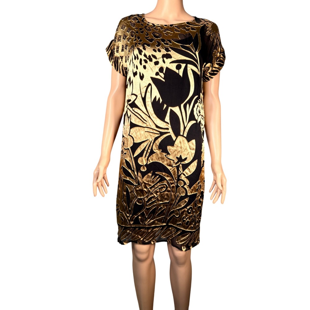 Johnny Was Daiyu Dress XS Gold Black Burnout Silk Blend C36725-O New